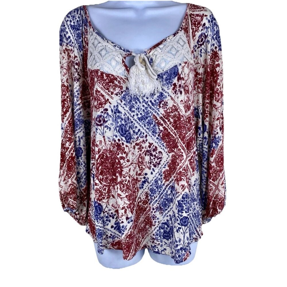 Eyelash Womens 1X Red Blue Print 3/4 Puff Sleeve Peasant Top Lace Tassel Trim